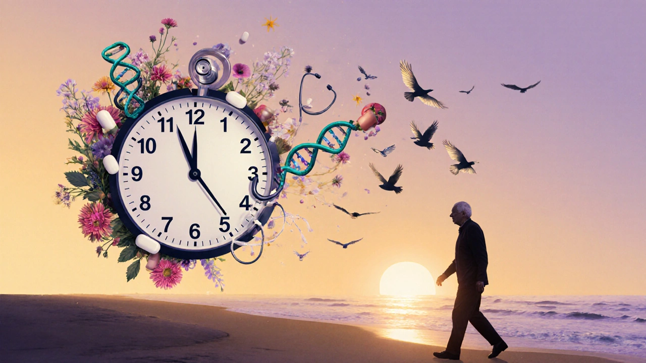 A clock made of medical symbols dissolving into flowers and birds, with a figure walking peacefully at sunset.
