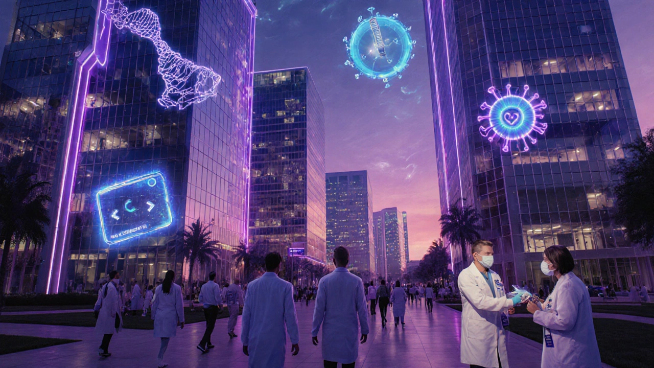 A futuristic California medical campus with scientists, patients, and holographic health technology at dusk.