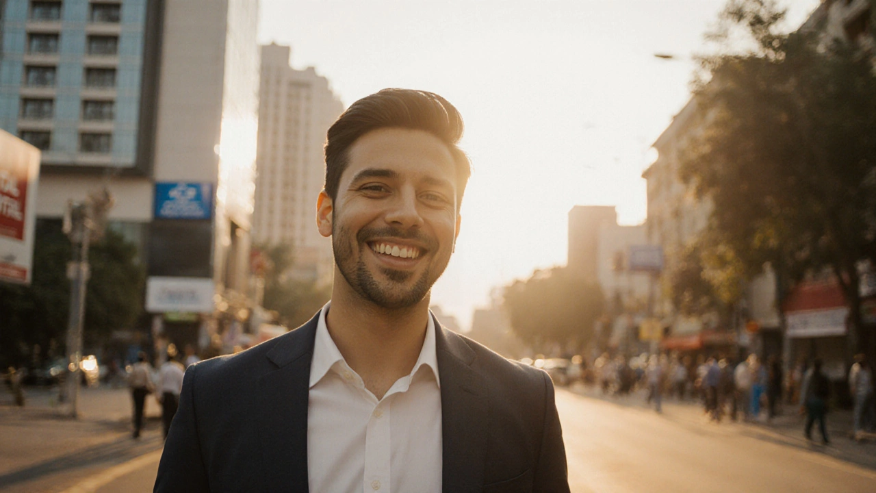 Adult showing natural smile after dental implant with city backdrop.