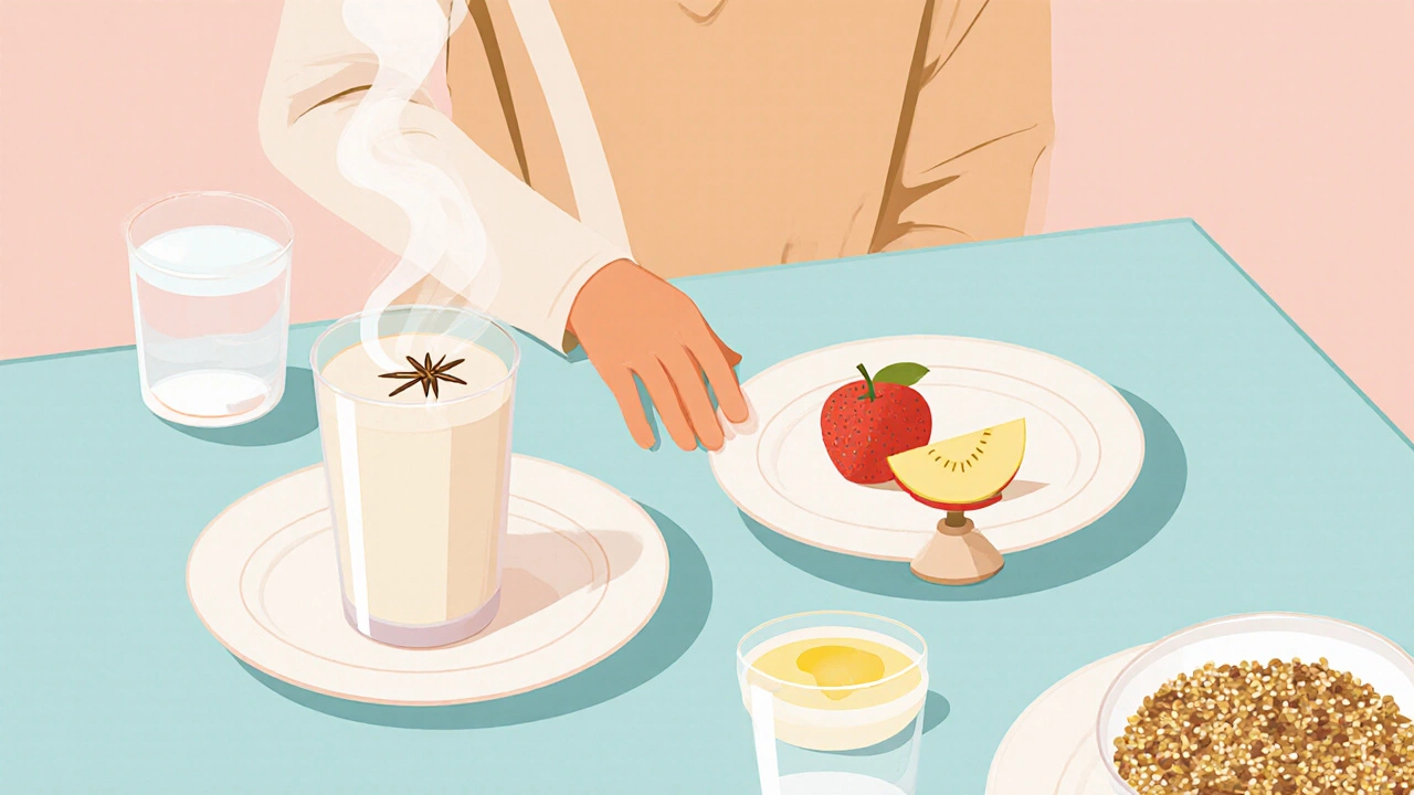 Balanced meal with spiced milk, fruit snack, ghee, and warm water on a tidy table, person eating mindfully.