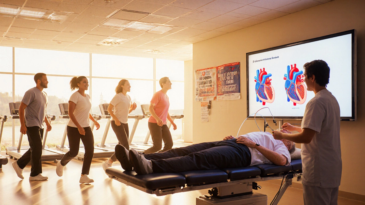 Catheter‑based heart valve replacement and cardiac rehab group exercising.