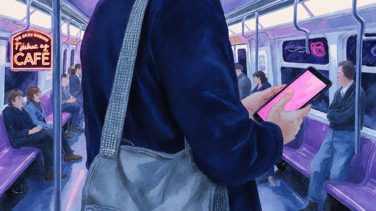 Commuter train view with neon sign, bag strap, and glowing phone illustrating sensory focus.