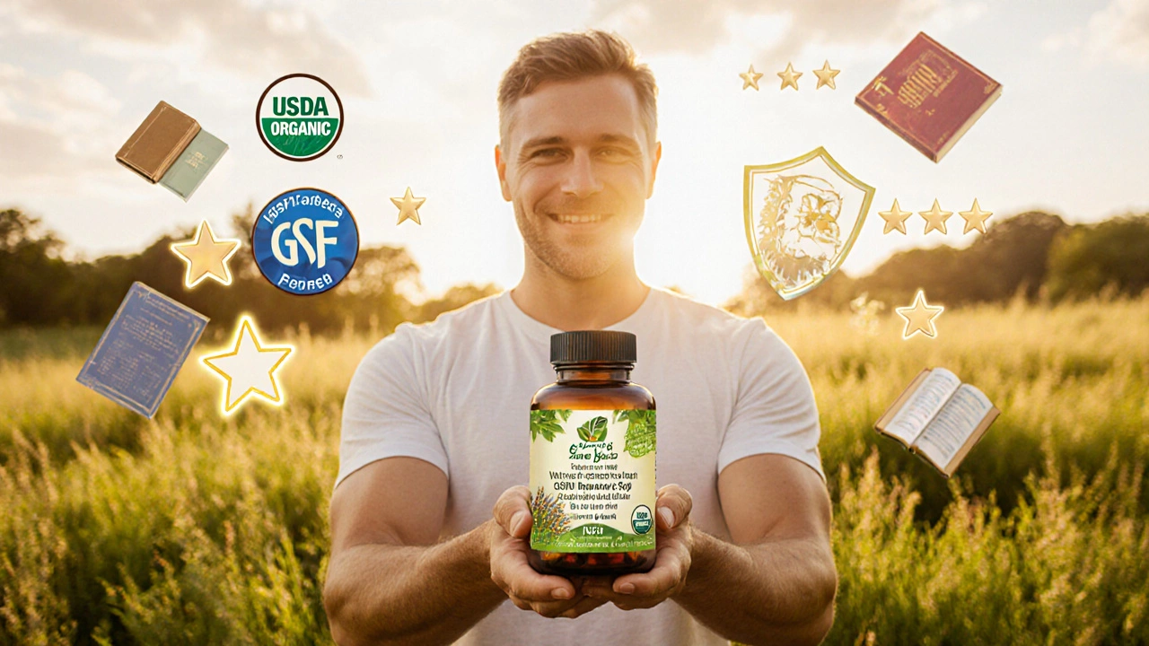 Confident person holds certified herbal supplement bottle in sunny meadow.