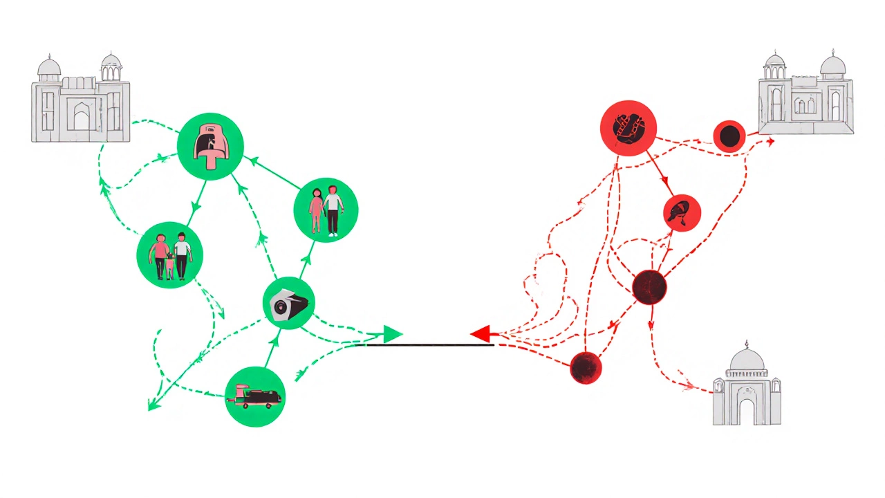 Contrasting medical pathways: early detection leading to life icons versus delayed diagnosis leading to tumors.