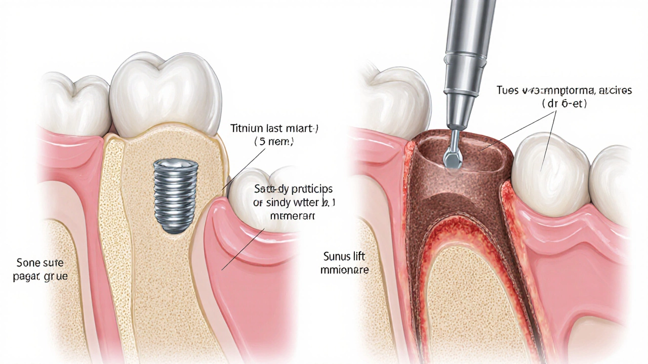 Cross‑section of jaw showing bone loss, graft, sinus lift, and implant.