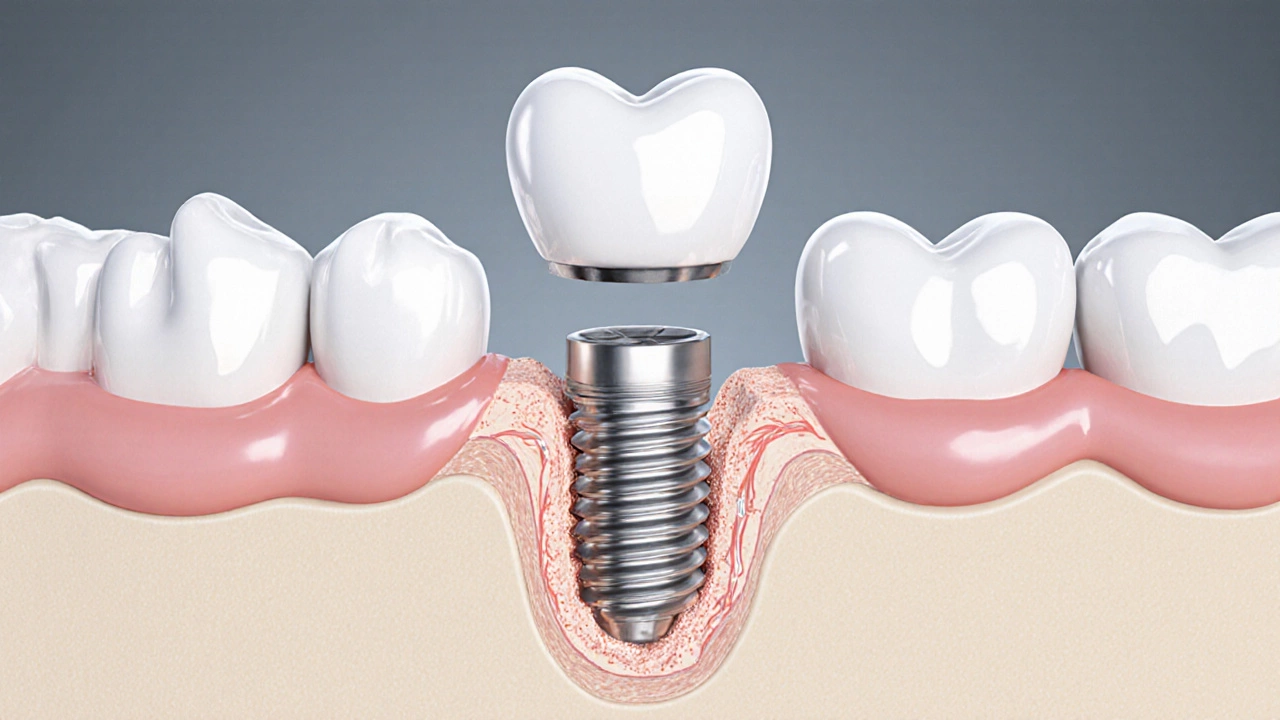 Cross‑section view of a dental implant integrating with jawbone.