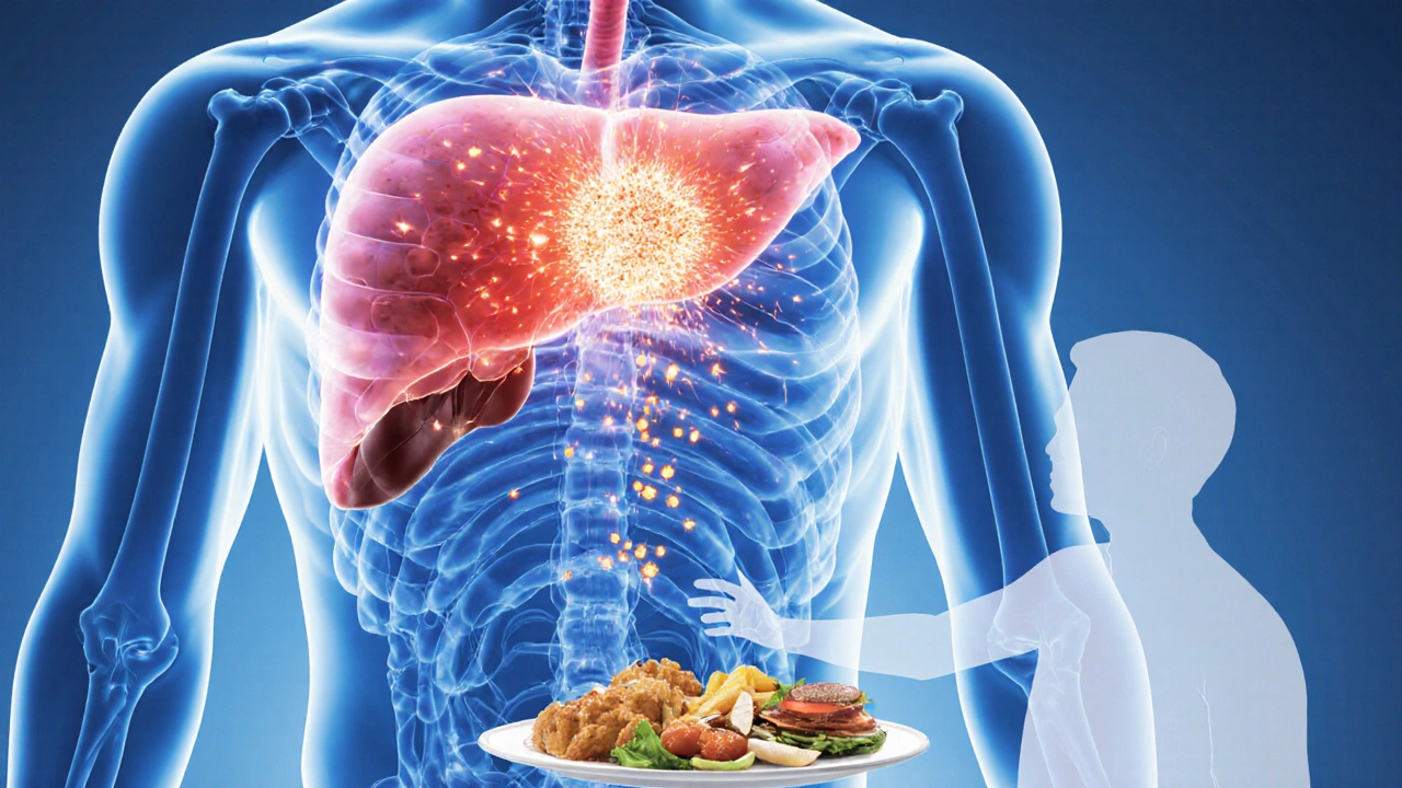 Cross‑section view of liver releasing glucose and pancreas increasing insulin after stopping Metformin.