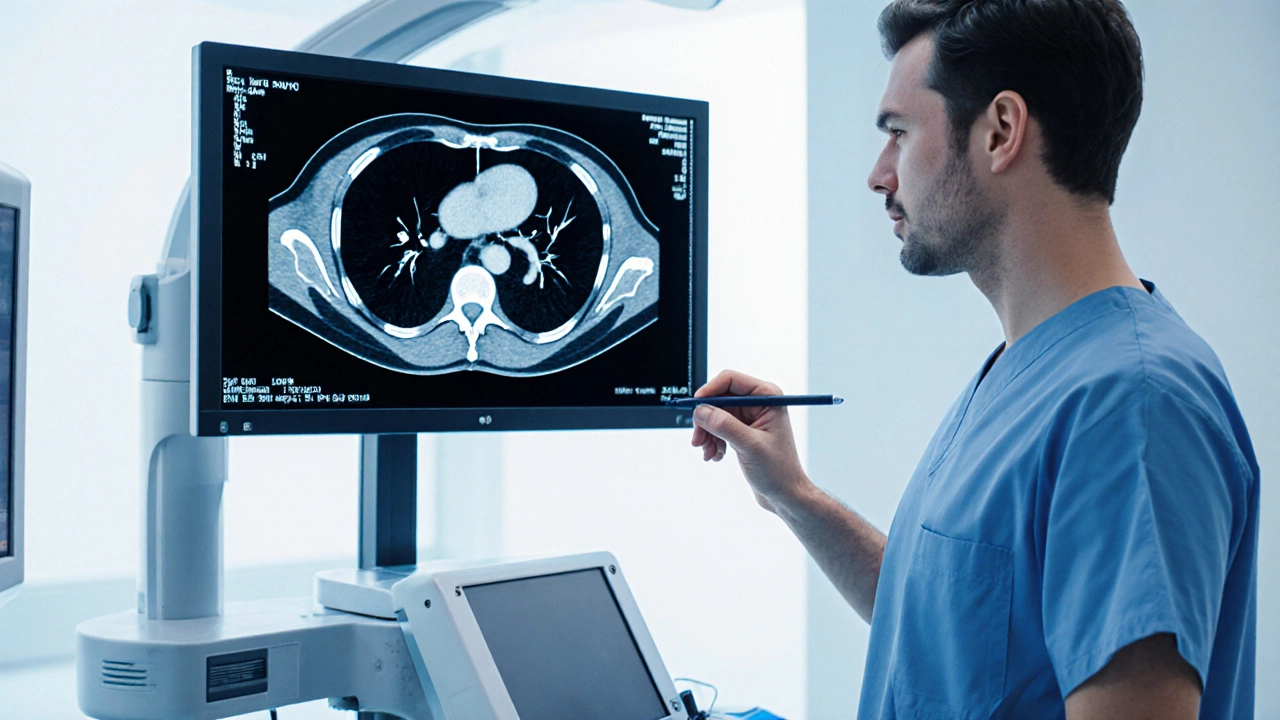 CT scan image showing a small pancreatic tumor beside a doctor reviewing the scan.
