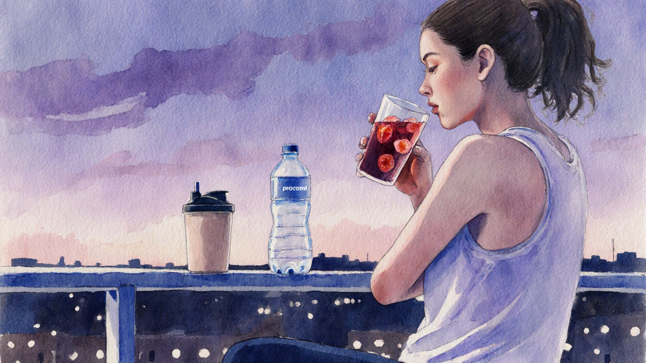Evening balcony with a person sipping hibiscus tea and a protein shake under twilight ambience.