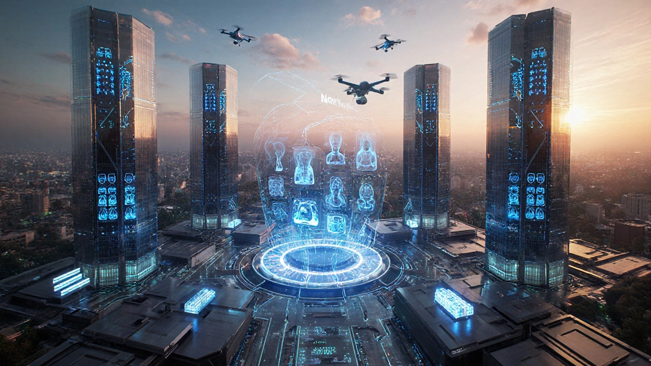 Futuristic NantWorks campus with glowing AI data streams and medical labs.