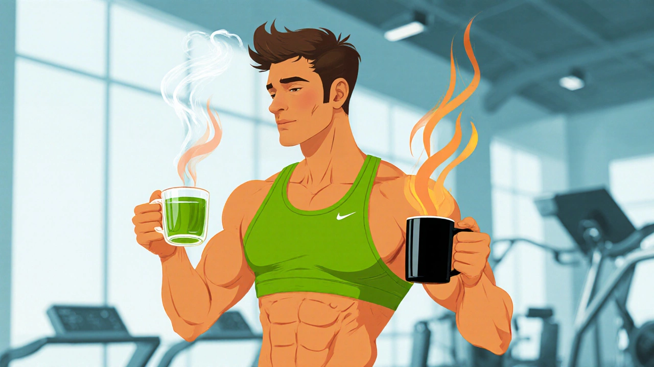 Gym scene of an athlete holding green tea and coffee, with subtle heat waves showing metabolic boost.