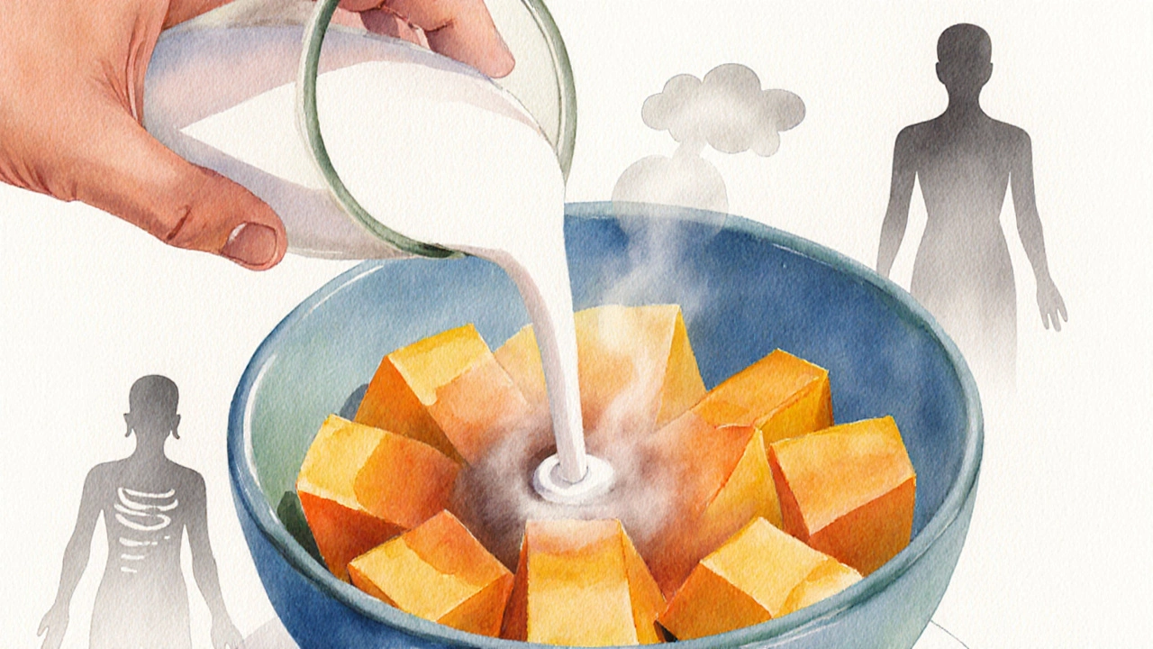 Hand pouring milk over mango slices, creating misty vapor and hinting at digestive fire weakening.