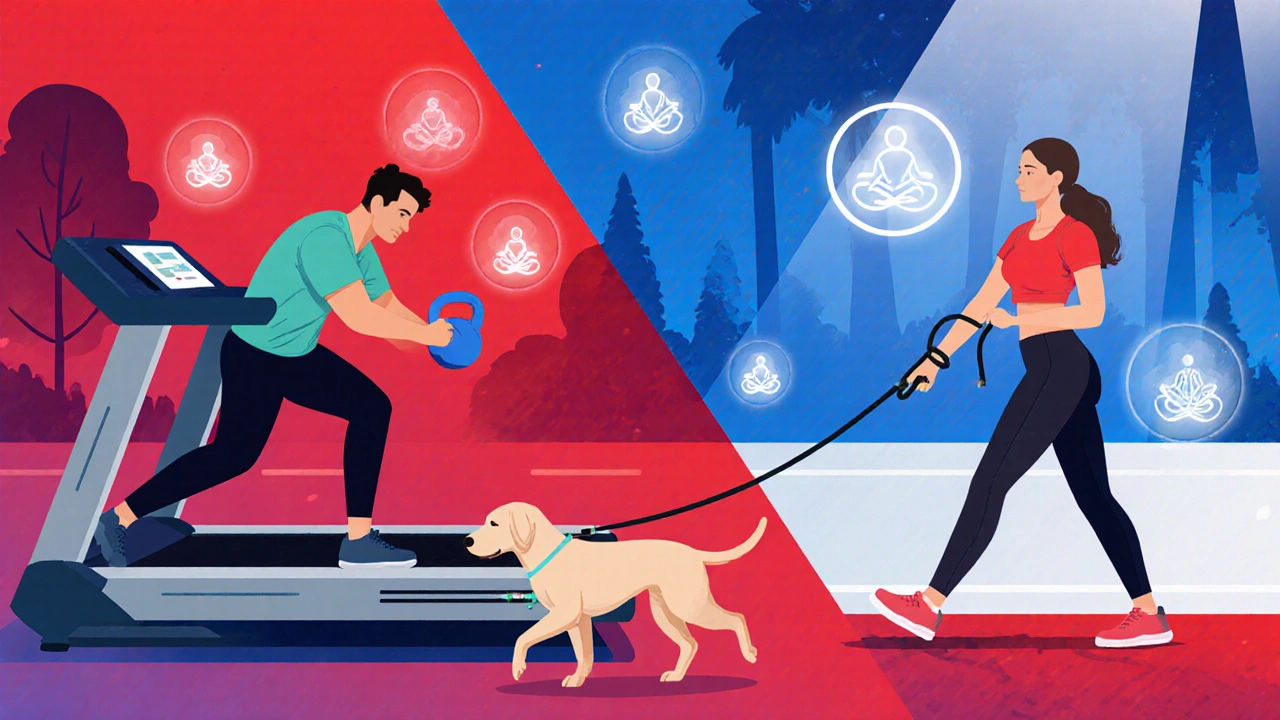 HIIT workout with trainer, kettlebell swings, dog walk, and meditation aura.
