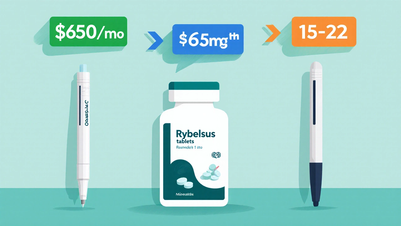 Illustration of Ozempic, Rybelsus, and Mounjaro with lower price tags.