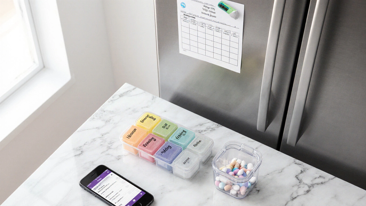 Kitchen counter featuring a pill organizer, medication schedule on fridge, and reminder phone.