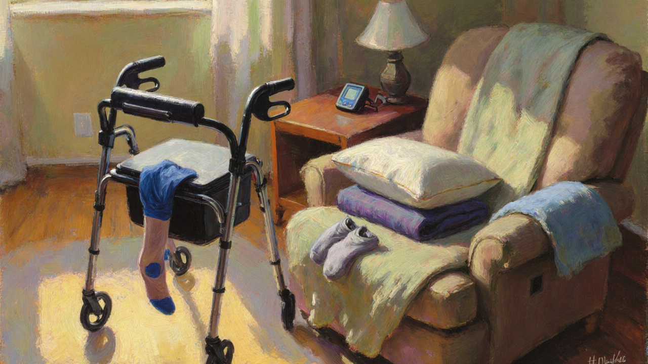 Living room recovery area showing walker, compression stockings, blood pressure monitor, and weighted blanket.