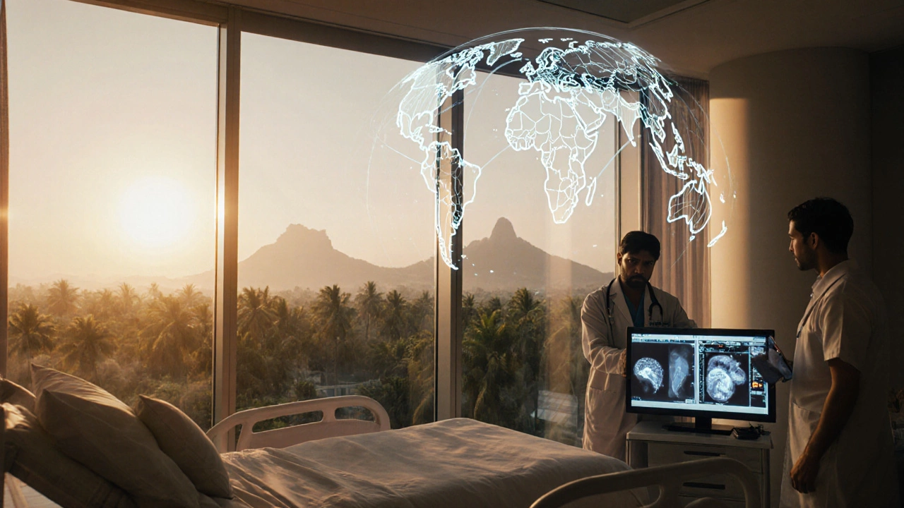 Modern hospital scene showing AI imaging and holographic world connections.