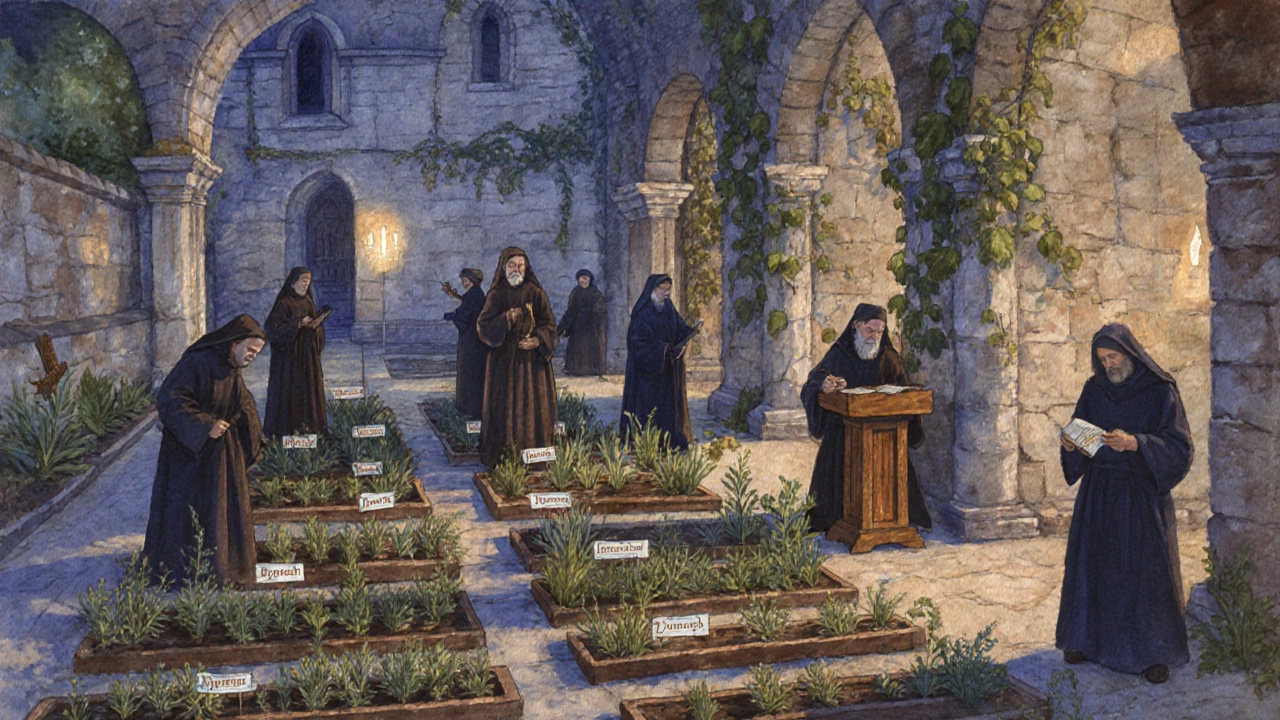 Monks tending a herb garden in a candlelit medieval cloister.
