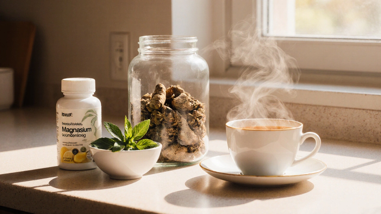 Morning kitchen with ashwagandha, lemon balm, magnesium supplements and tea.