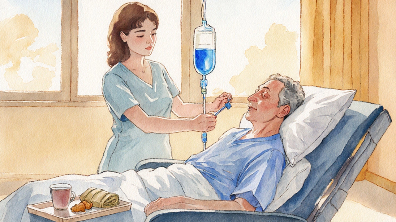 Patient receiving chemotherapy infusion, nurse adjusting IV, warm sunlight through windows.