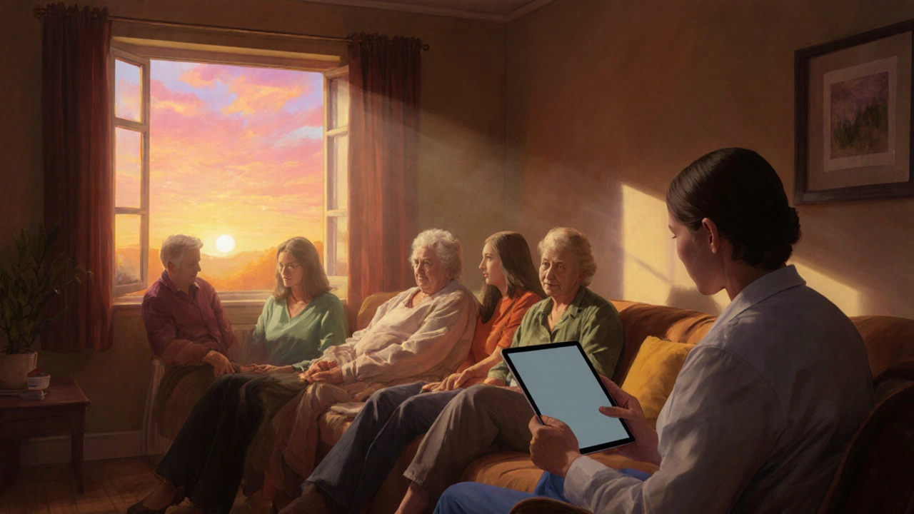 Patient with family at home, palliative specialist nearby, sunrise lighting the room.