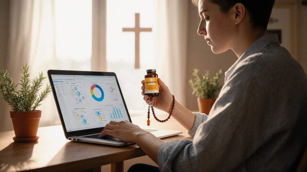 Person at desk with prayer beads, supplement bottle, and laptop in sunny home office.