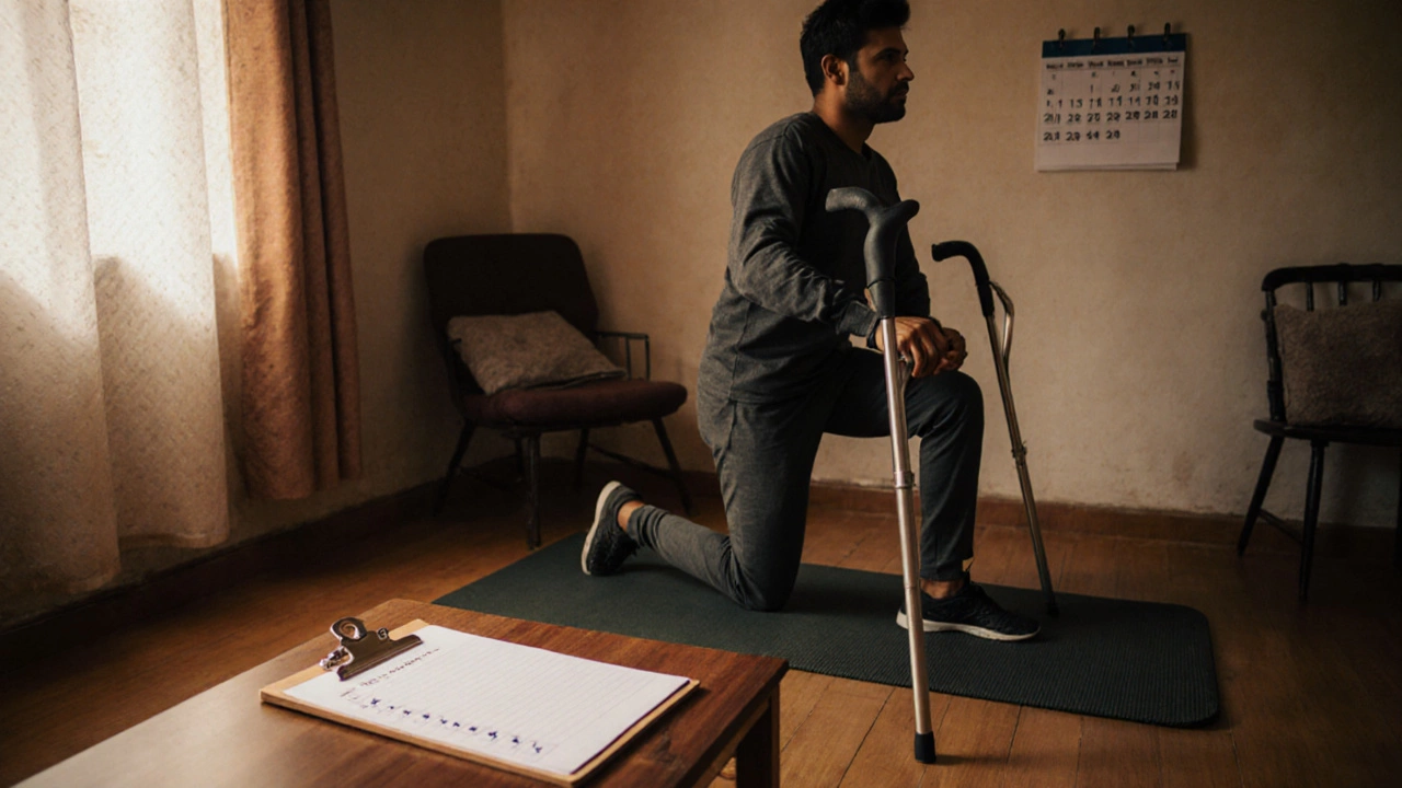 Person doing pre‑hab exercises at home with a cane and a visible checklist.