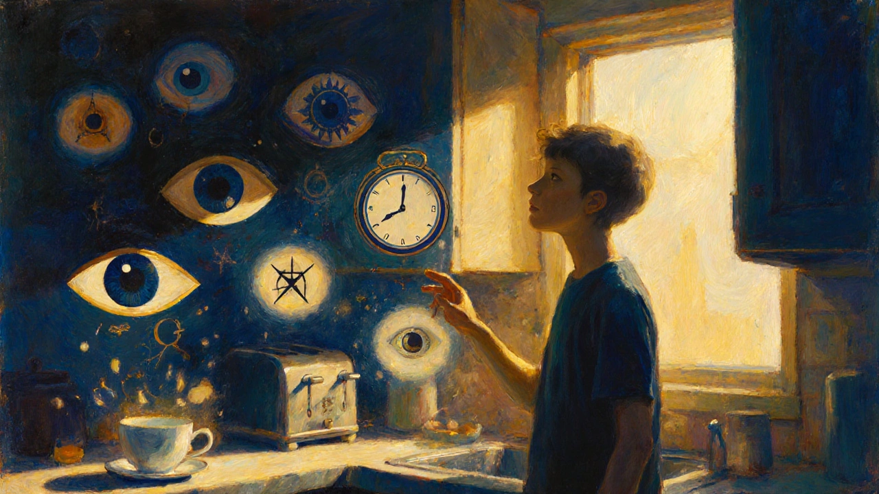 Person in a kitchen surrounded by floating symbols, hinting at magical thinking.
