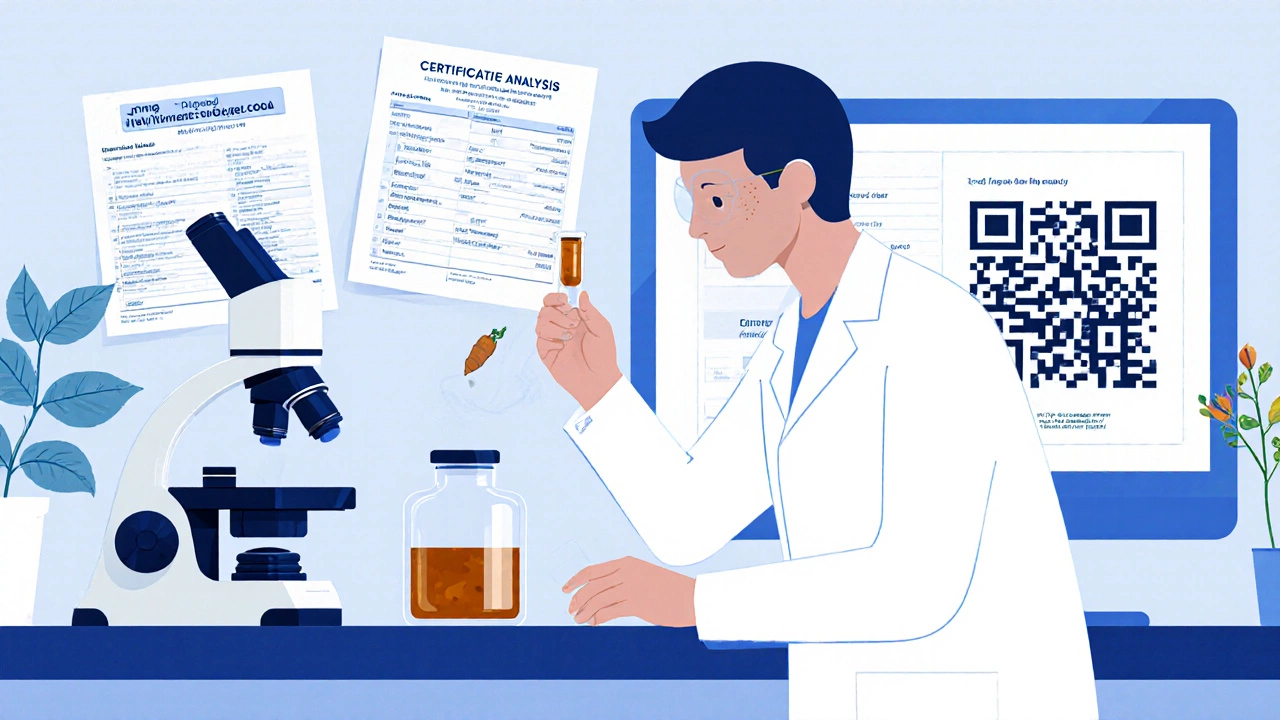 Scientist examines herbal supplement vial with COA sheets and QR code in lab.