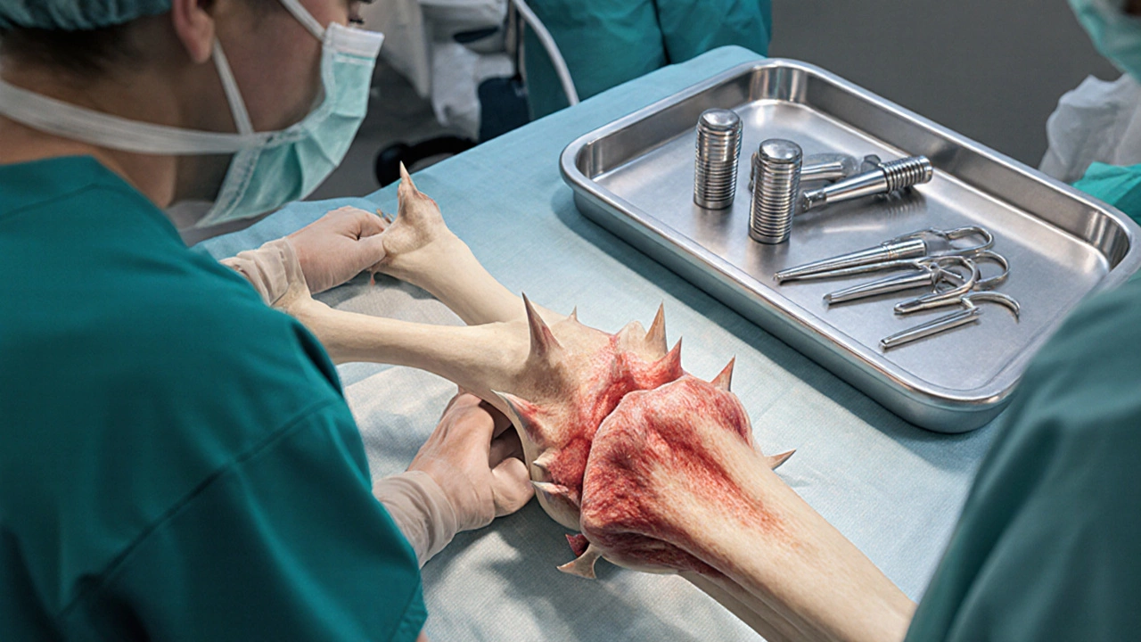 Surgeon examining a knee with visible bone spurs and inflammation in an operating room.