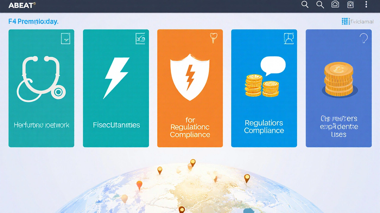 Tablet dashboard showing icons for doctor network, delivery speed, compliance, pricing, and UX.