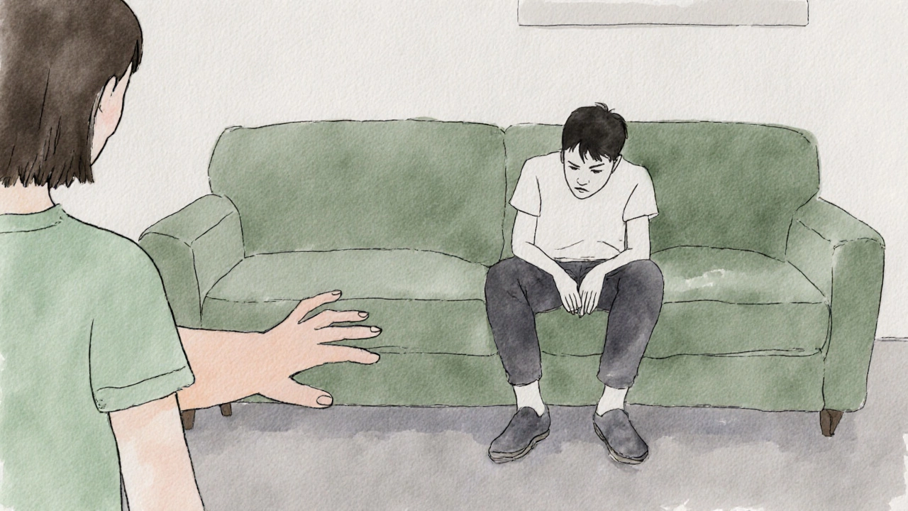 Teen sits silently on a couch, expressionless, while a family member reaches out.