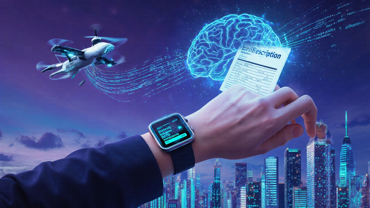 User with smartwatch sending health data to an AI engine, creating a holographic prescription.