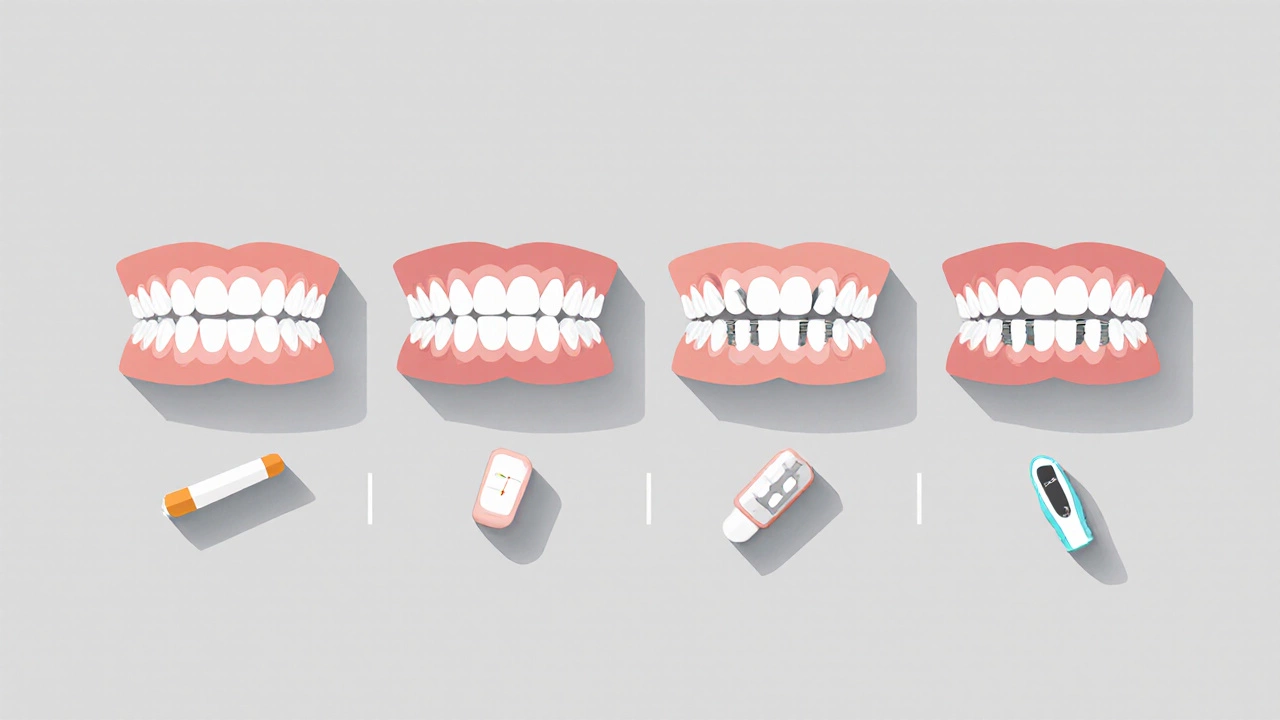 Various denture, bridge, All‑on‑4, and mini‑implant options with health icons.