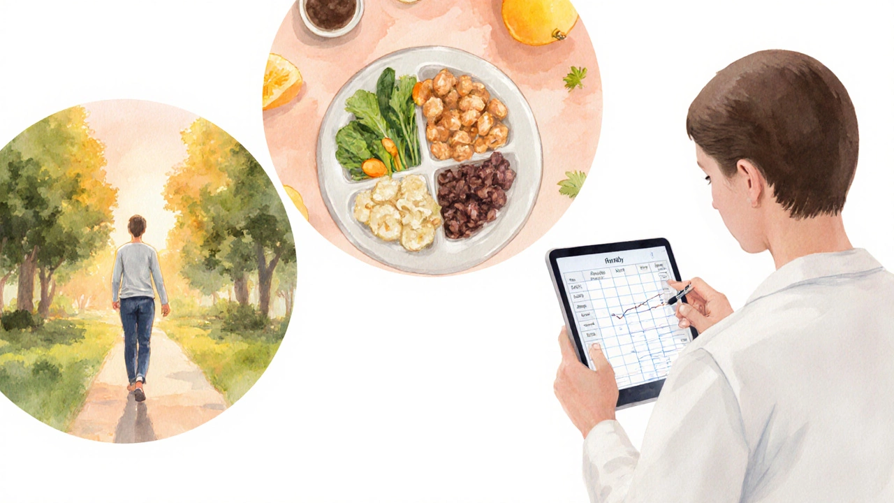 Watercolor collage of walking, healthy meal, and doctor consultation for weight loss.