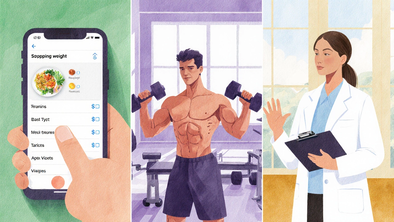 Watercolor scene of logging meals, doing resistance training, and consulting a doctor.