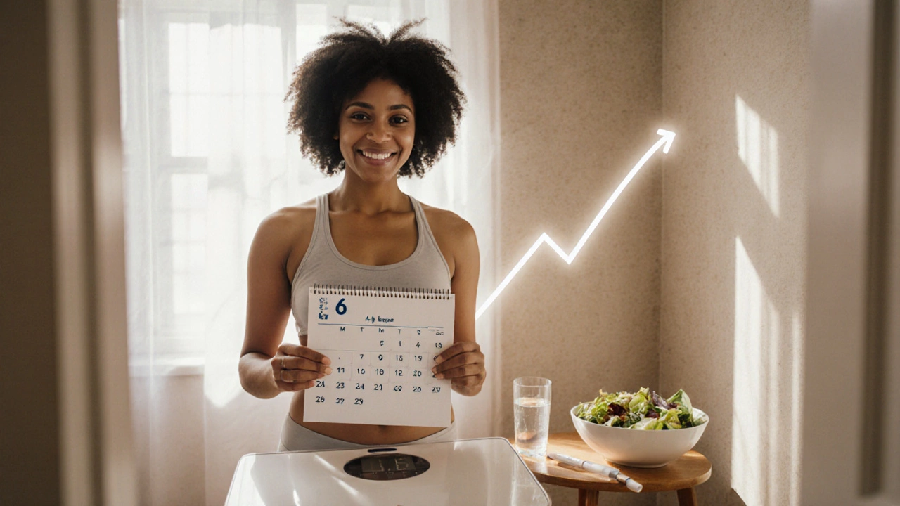 Woman on scale with calendar and graph showing 6‑month weight loss, Ozempic nearby.
