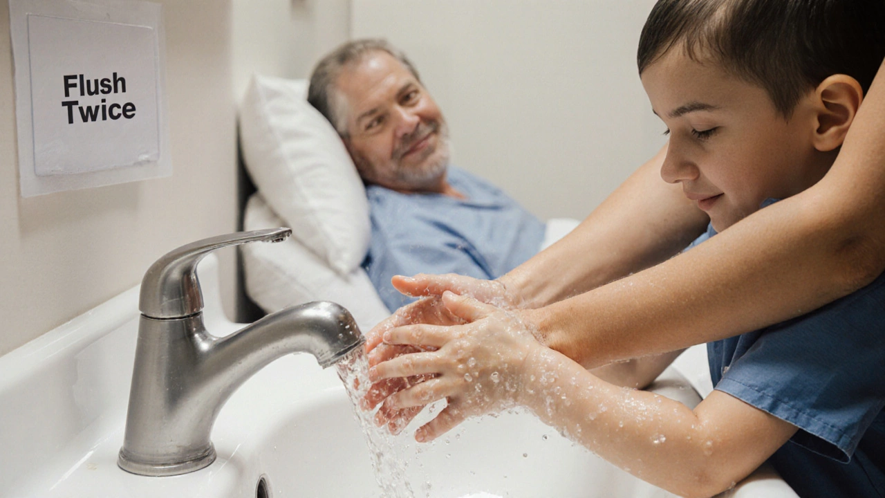 A child’s hands being washed by an adult while a chemo patient smiles from afar, supervised visit with hygiene focus.