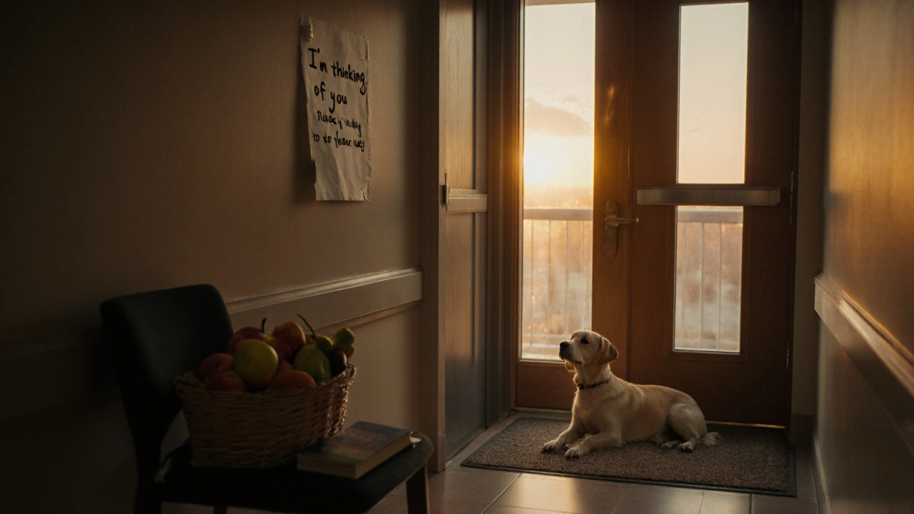 A handwritten note and gifts left outside a chemo patient’s door, with a clean pet resting nearby in the hallway.