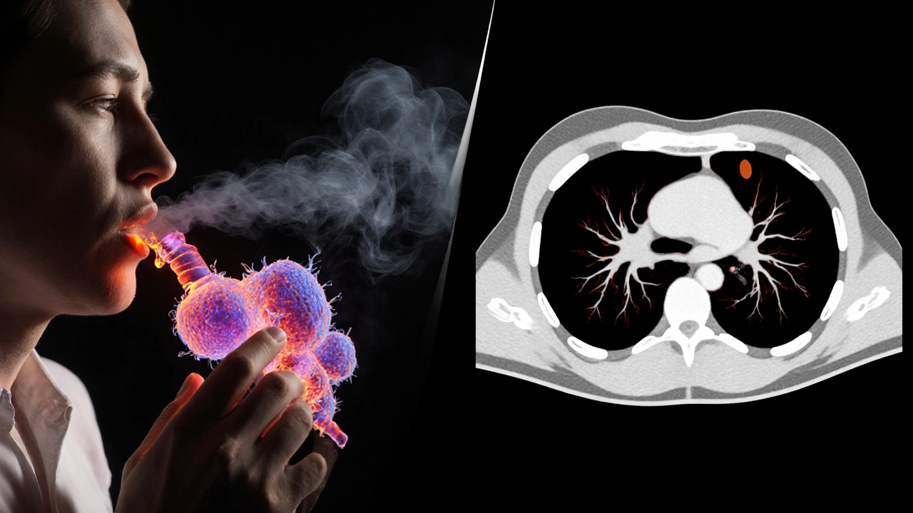 A smoker&#039;s lungs transforming into cancer cells, with a faint CT scan showing early nodules.