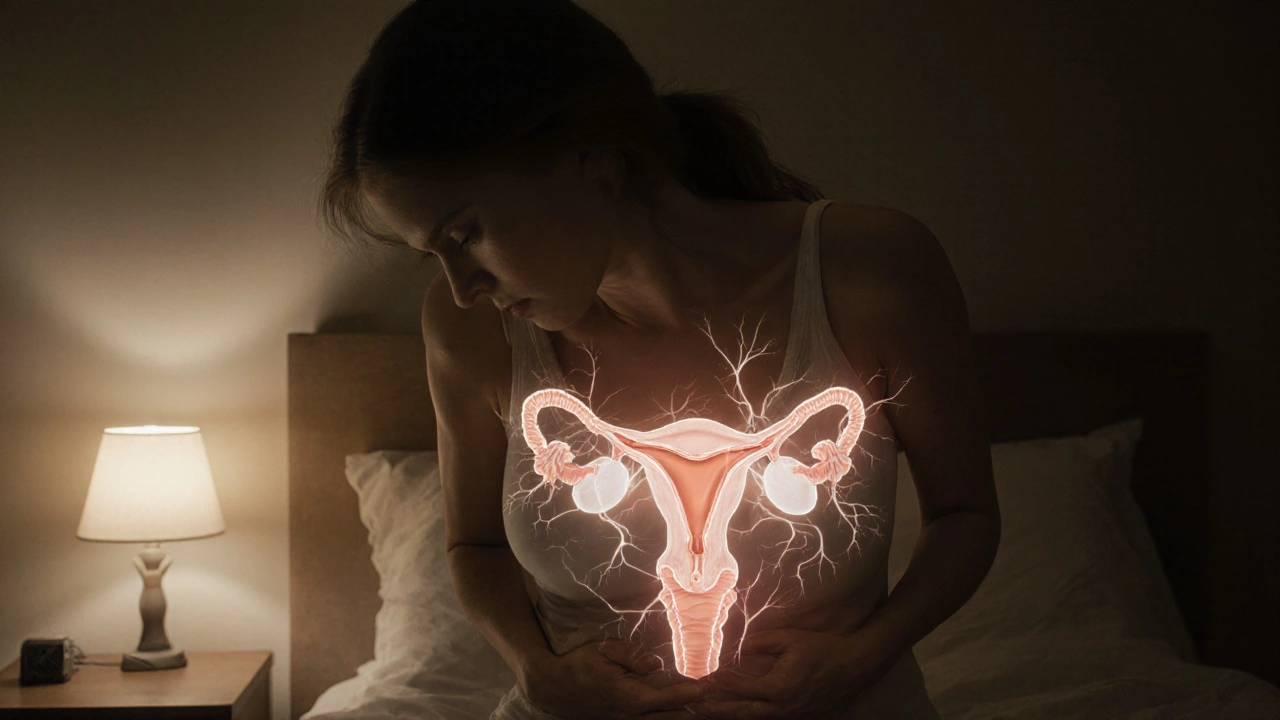 A woman experiencing abdominal discomfort as cancer cells spread invisibly across her abdomen.