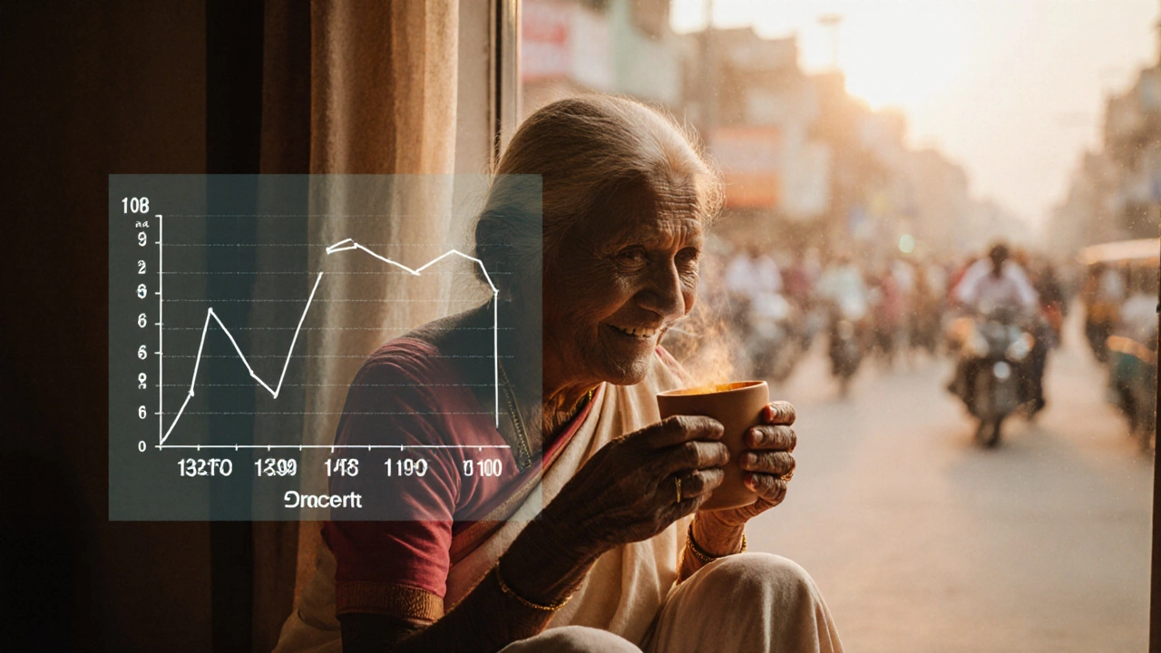 An elderly woman drinking turmeric tonic at sunrise, showing improved mobility and calm expression.