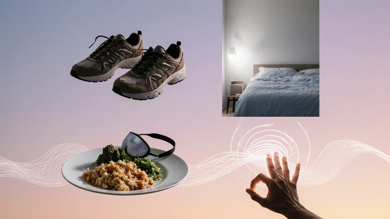 Four symbolic objects representing movement, nutrition, sleep, and stress control for sustainable weight loss after 50.