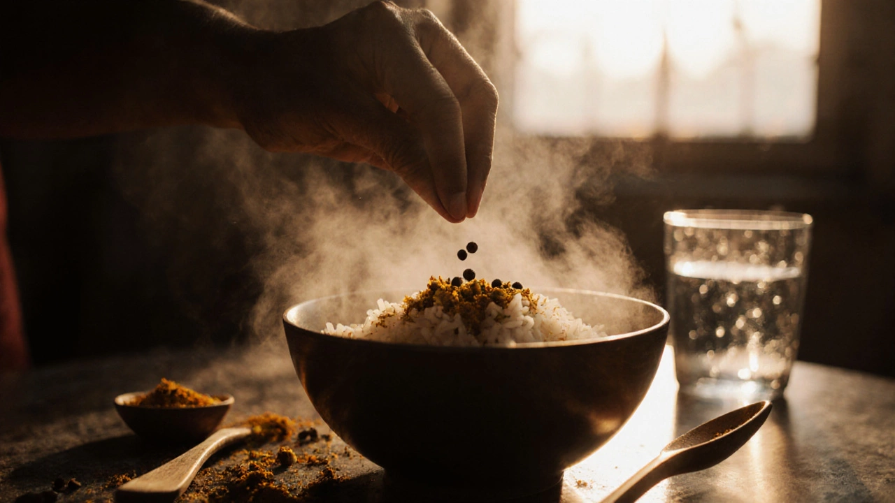 Hands adding Ayurvedic spice blend to steaming rice with warm water beside it.
