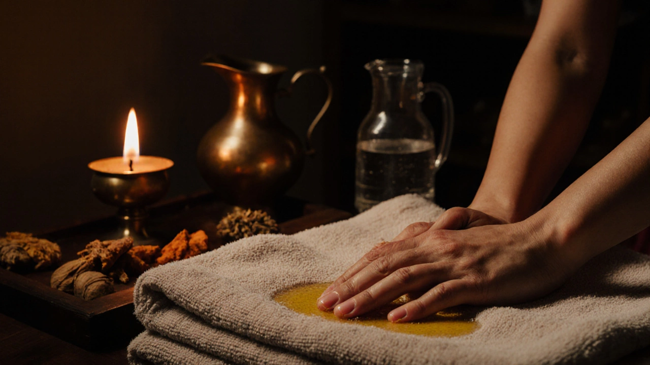 Hands massaging warm sesame oil into skin with a soft oil lamp glowing in the background.