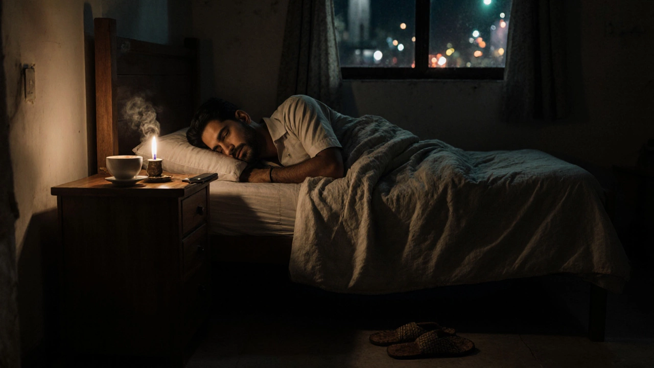 Man sleeping peacefully at night with phone turned off and herbal tea beside the bed.