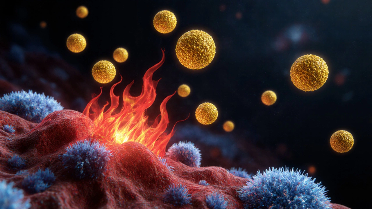 Microscopic view of curcumin molecules blocking inflammation signals in human cells.