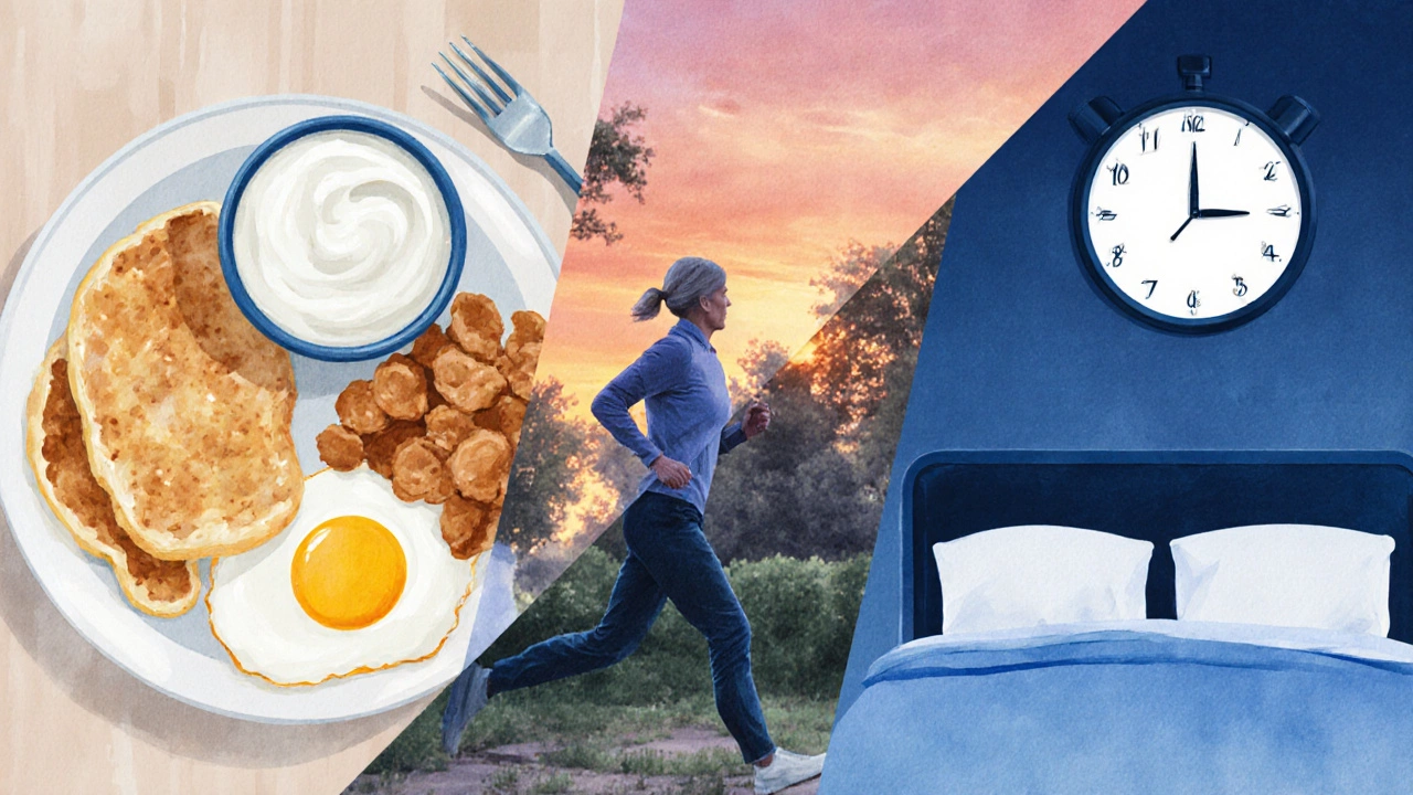 Split scene showing healthy breakfast, evening walk, and restful sleep—symbolizing balanced weight loss habits after 50.
