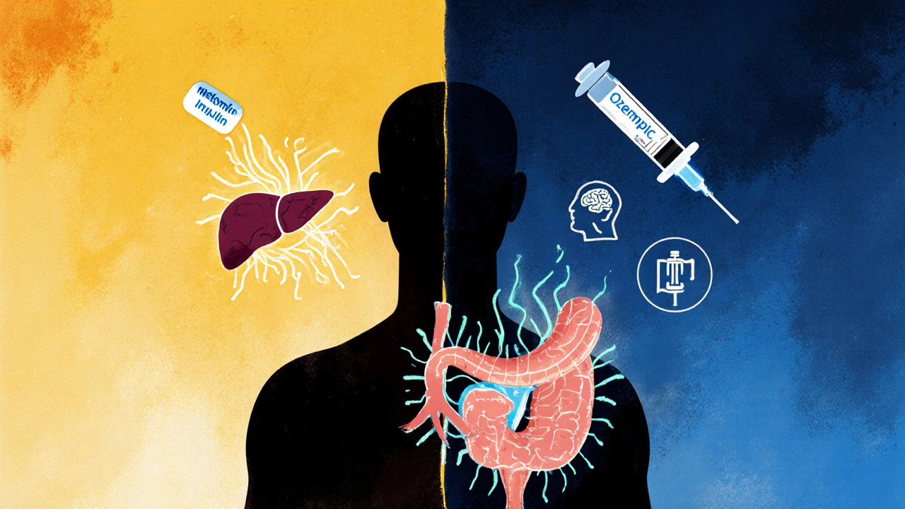 Split silhouette showing Metformin&#039;s liver effect and Ozempic&#039;s brain and pancreas action