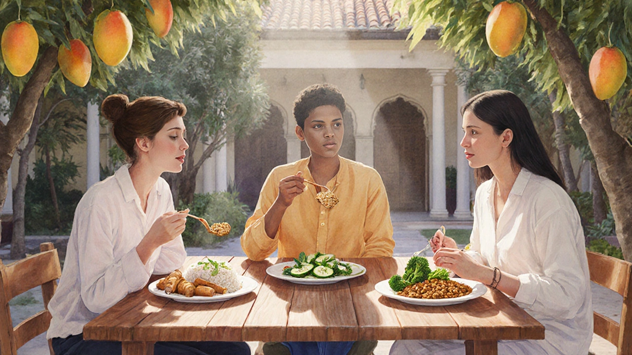 Three people eating personalized Ayurvedic meals reflecting their dosha types.